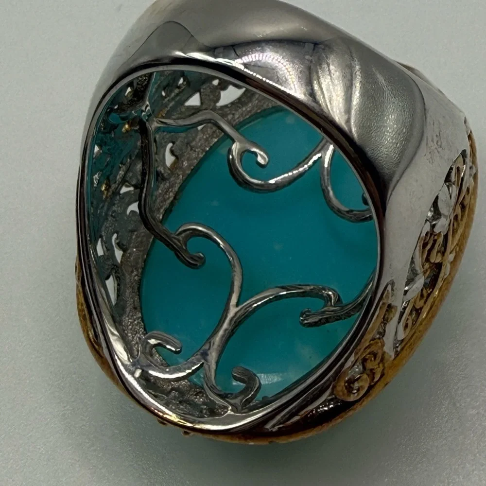 Gems en Vogue Turquoise Cabochon Ring 925 Sterling 18K Accents Size 7.5